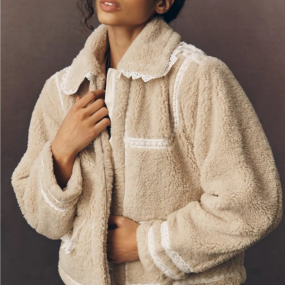 By Anthropologie Sherpa Fleece Lace-Trim Crop Jacket NWT size XS